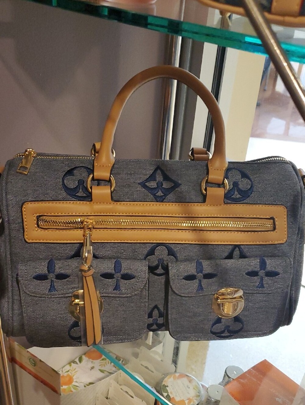 CC Boutique Denim Satchel with Tan Trim and Gold Hardware